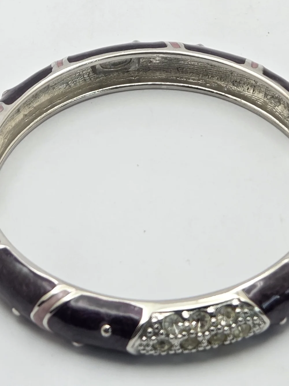 Premier Designs Purple & Pink Enamel Hinged Bangle Silver Tone Rhinestone Accent